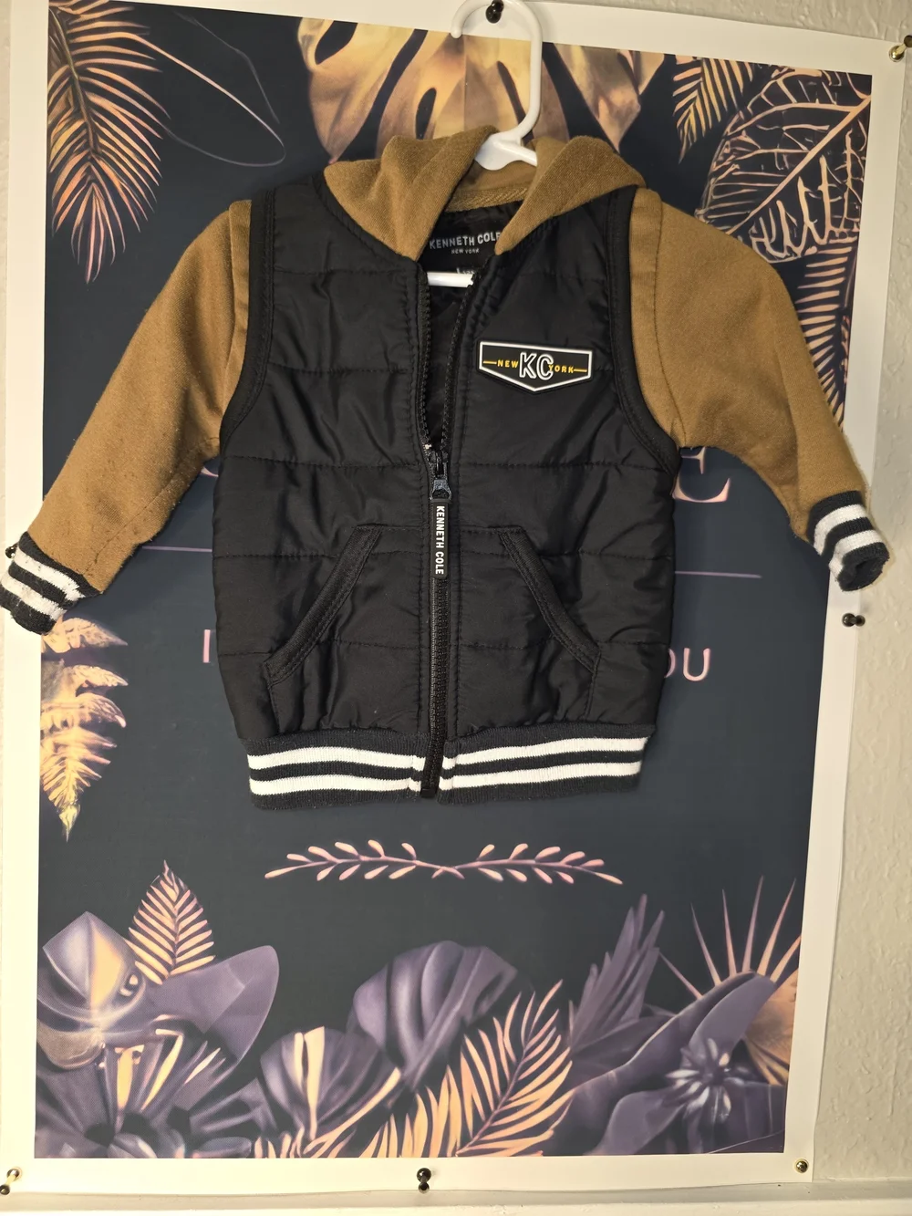 Kenneth Cole Kids Black Puffer Vest Hoodie with Camel Sleeves